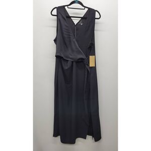 Halogen Satin Mix V-Neck Faux Wrap Black Sleeveless Dress
